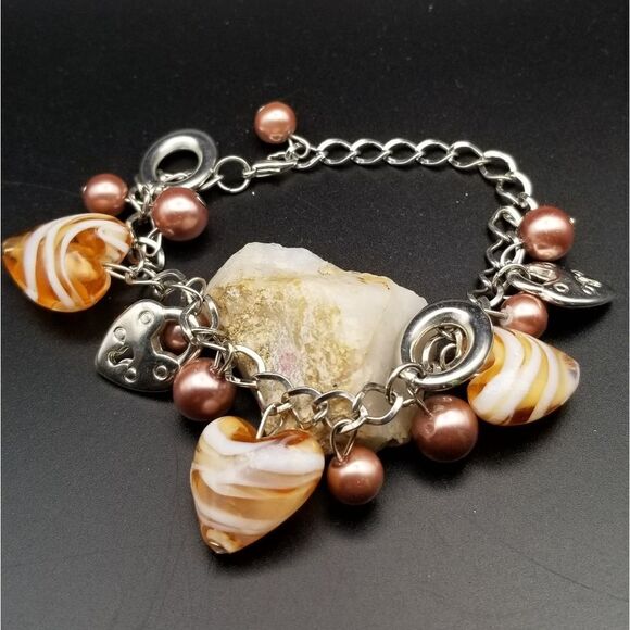 Open heart peach blast glass heart charm bracelet. B318